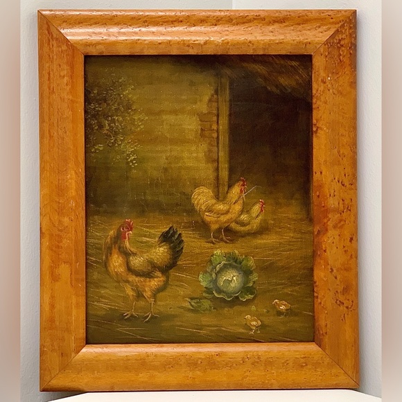 Vintage Birdseye Maple Framed Canvas Oil Painting Rooster Hen Chicks Farmhouse - Picture 1 of 16